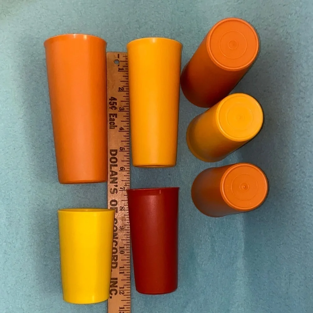 TUPPERWARE 7 drinking cups plastic random sizes yellow red orange vintage 1970’s